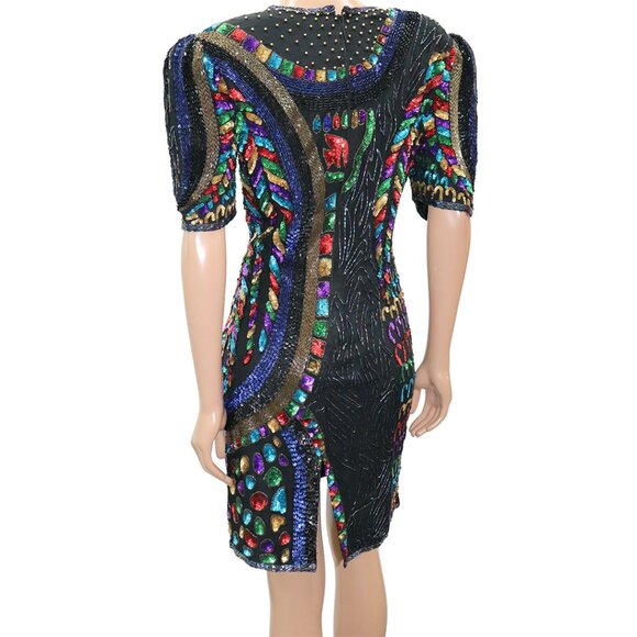 ✨ STUNNING HIGH Fashion Vintage Bedazzle Sequin Holiday Dress M ✨ - Picture 5 of 5